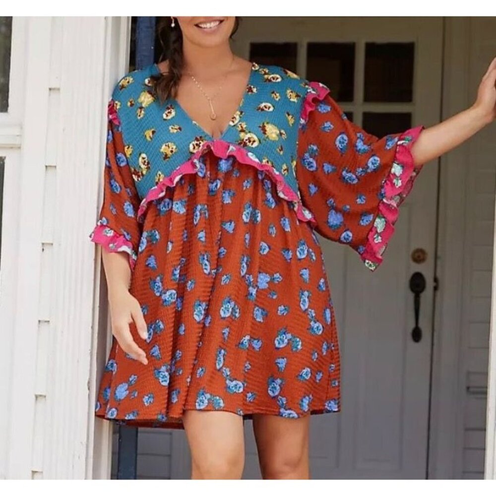 NWT Anthropologie Ruffled Sleep Mini Dress XS Floral Multi Texture Ruffle NEW